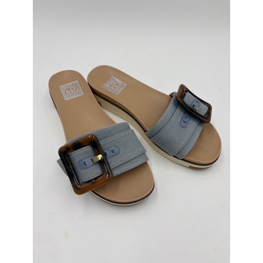 DV Dolce Vita Cayden Denim Slide Sandals Blue Tortoise Buckle Platform Sz 6.5